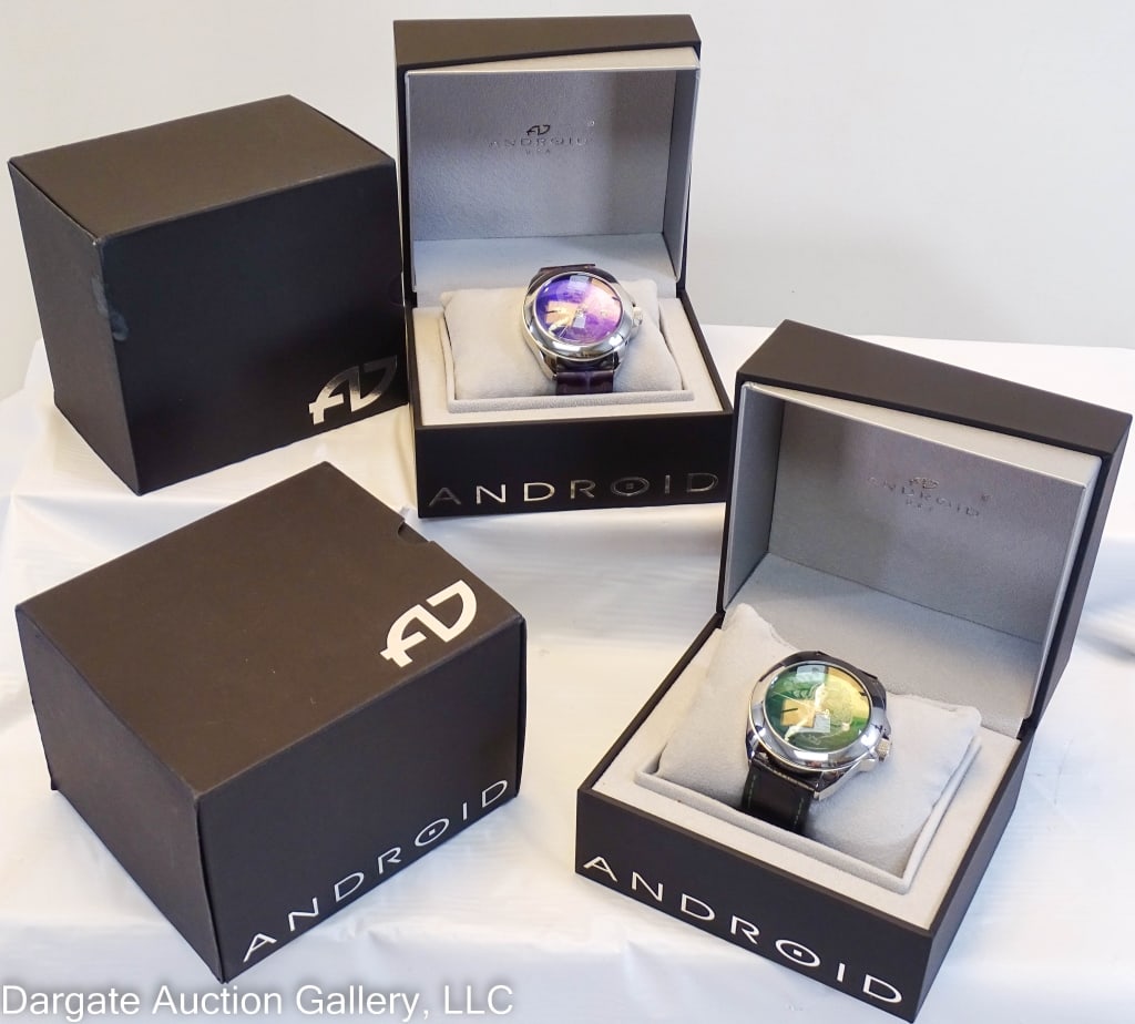 2 ANDROID TATTOOED BANKER WATCHES TIGER & DRAGON: Includes: Tiger AD489 / green dial / 48mm / Stainless Steel / 21j Automatic with Android 2806 movement (runs) / 100m water resistant / black leather band // Dragon AD490 / purple dial / 48mm / Stainle