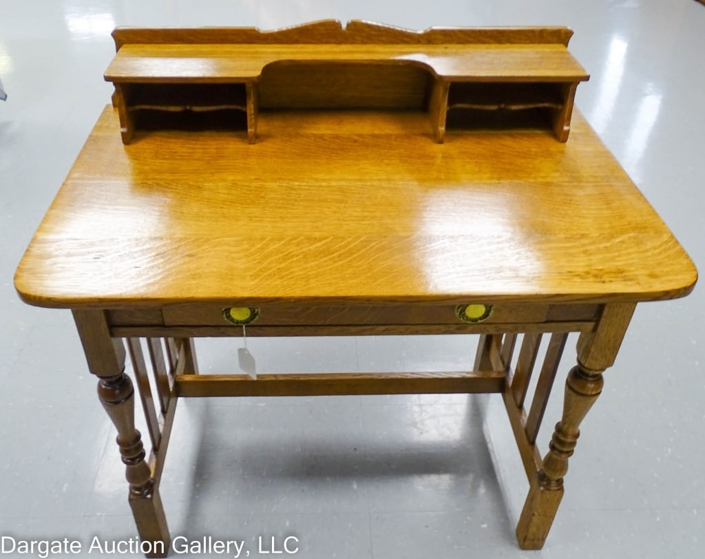 STICKLEY BROTHERS OAK WRITING DESK: Circa 1920-1930's; Antique Stickley Brothers quart sawn oak writing desk with original brass quaint tag; has been refinished / Measures: 36"H x 35.75"W x 23"D / Condition: Has been refinished