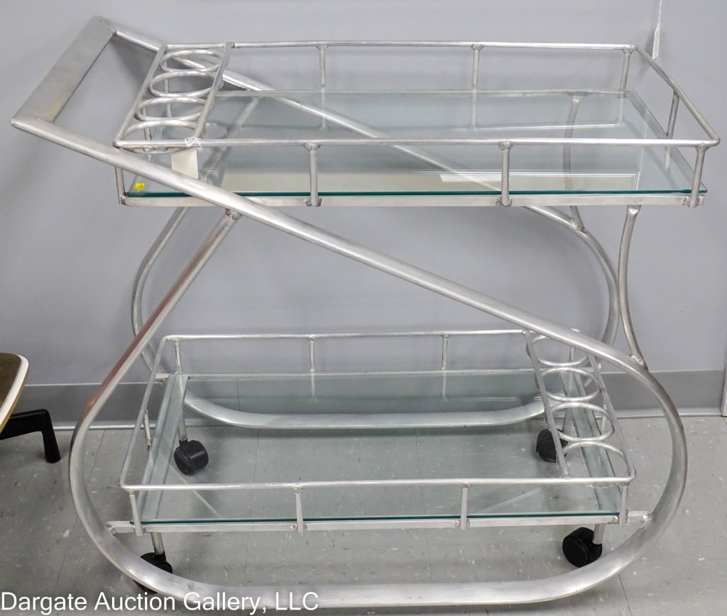 MID CENTURY MODERN WOODARD ALUMINUM BAR CART: Circa 1970's / MCM two-tier aluminum & plate glass serving / bar cart / Measures: 32"H x 35"L x 21"W