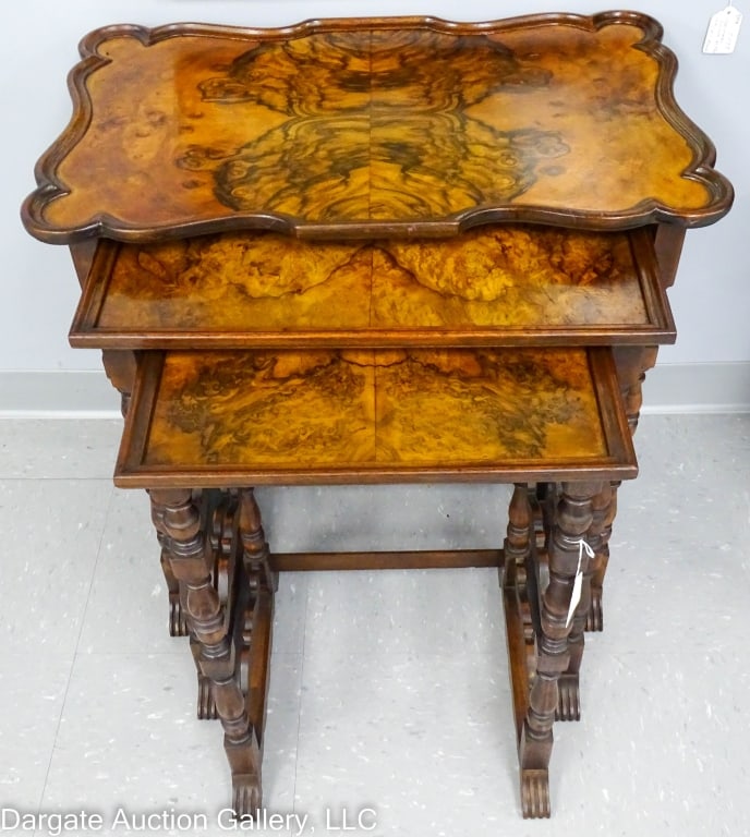 3pc SET BURLED WALNUT NESTING TABLES: Set of 3 antique flame burled walnut nesting tables, signed Dauler Close Furniture Co, Pittsburgh (1837-1932) / Measures: 26.5"H x 26"W x 16"D / Condition: old repairs; veneer on table tops has been r