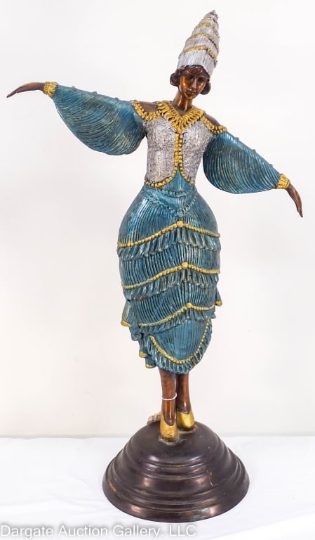 ART DECO BRONZE DANCING GIRL SCULPTURE: A cold-painted 20th Century Art Deco bronze statue of a dancing girl after artist Demetre Chiparus, 1886-1947, Romania. / Measures: 23"Hx14"Wx7.5"D / Provenance: From the descendants of Lollie Oliver,