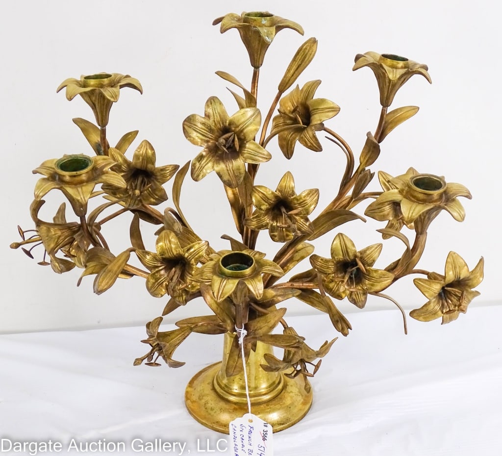 ANTIQUE FRENCH BRASS 6-LIGHT CANDELABRA: Circa 1870's; Deeply patinated with intricately cast flower, leaf and bud motif. Flowers, stamens and buds unscrew / Measures: 15"H x 15"W x 10"D