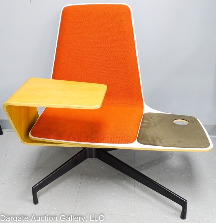 HAWORTH HARBOR WORK LOUNGE CHAIR WITH TABLE: Haworth Harbor Work Lounge Chair, modern design by Nicolai Czumag-Bront. Molded Formica chair features suede leather upholstered lounge seat with beverage holder Has integrated molded Oak wood sliding