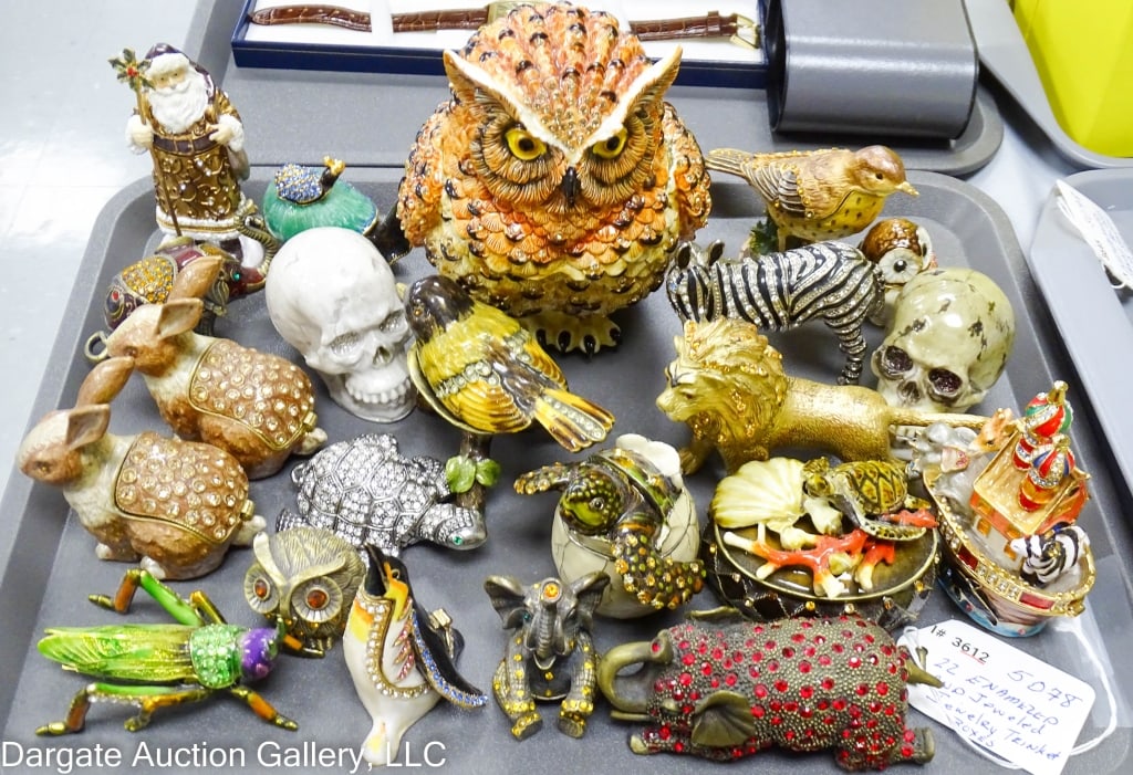 22 ENAMELED & JEWELED TRINKET BOXES MODERN: 22 trinket jewelry boxes all with enameling & rhinestone finish. Including animals, human skulls and Santa. The large owl has a matching brooch inside. The large one is 4" x 4" x 5.5"H. The others ran