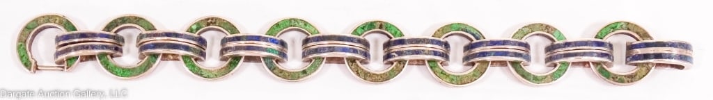 LOS CASTILLO MOSAICO AZTECA STERLIG BRACELET: Inlaid Sterling Silver with green malachite and blue chrysocolla, hook clasp; clasp and link marked: [Eagle 15] [146] [HECHO EN MEXICO] / Weight: 78.9g / Measurements: 8.5"L x 1"W/ ONLINE PAY MSG ****