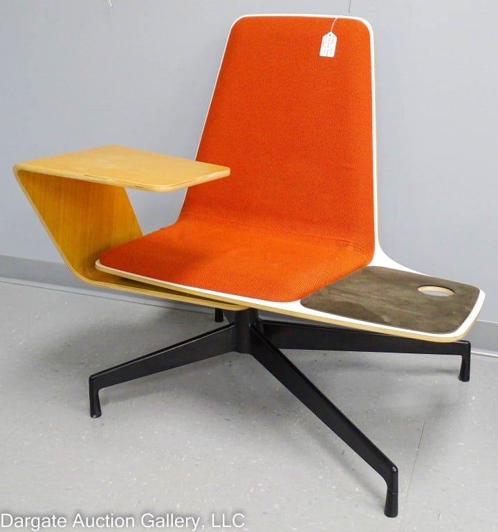 HAWORTH HARBOR WORK LOUNGE CHAIR WITH TABLE: Haworth Harbor Work Lounge Chair, modern design by Nicolai Czumag-Bront. Molded Formica chair features suede leather upholstered lounge seat with beverage holder Has integrated molded Oak wood sliding
