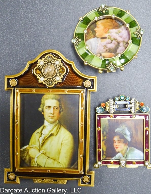 3 JAY STRONGWATER ENAMELED PICTURE FRAMES: Enameled with rhinestones; Signed [JAY STRONGWATER] / Measures: From 3.5"H to 6.5"H