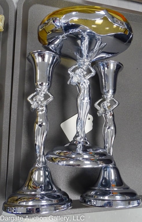 3pc FARBER BRO ART NOUVEAU GARNITURE SET: Circa 1930's Farber Bro compote featuring a nude woman and amber Cambridge glass insert also includes a matching pair of candle holders / Measures: Compote: 7.5"H / Candle: 8.5"H / Condition: Slight s