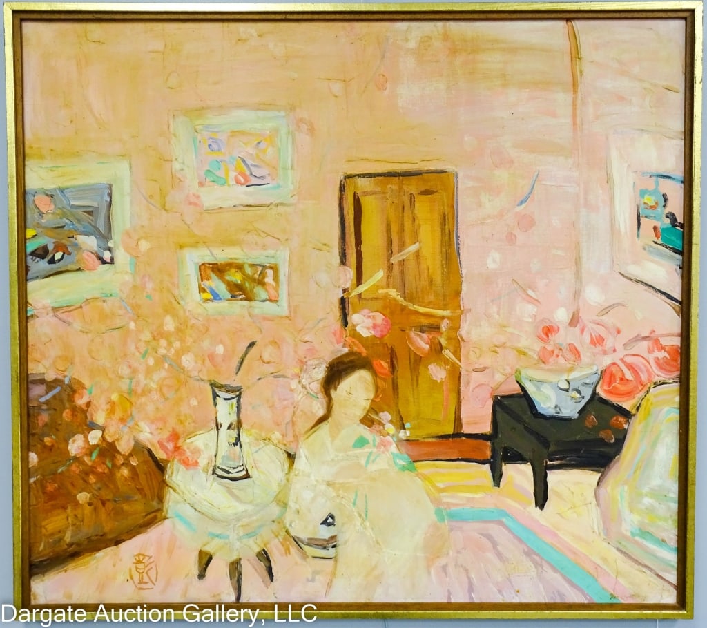 ASIAN IMPRESSIONISTIC INTERIOR SCENE OIL ON CANVAS: Oil on canvas depiction on an interior scene with a figure sitting in a pink room with potted flowers / Lower left has a seal / set in gold tone frame / Visible Art Size: 33.75"H x 37.75"W / Frame Siz