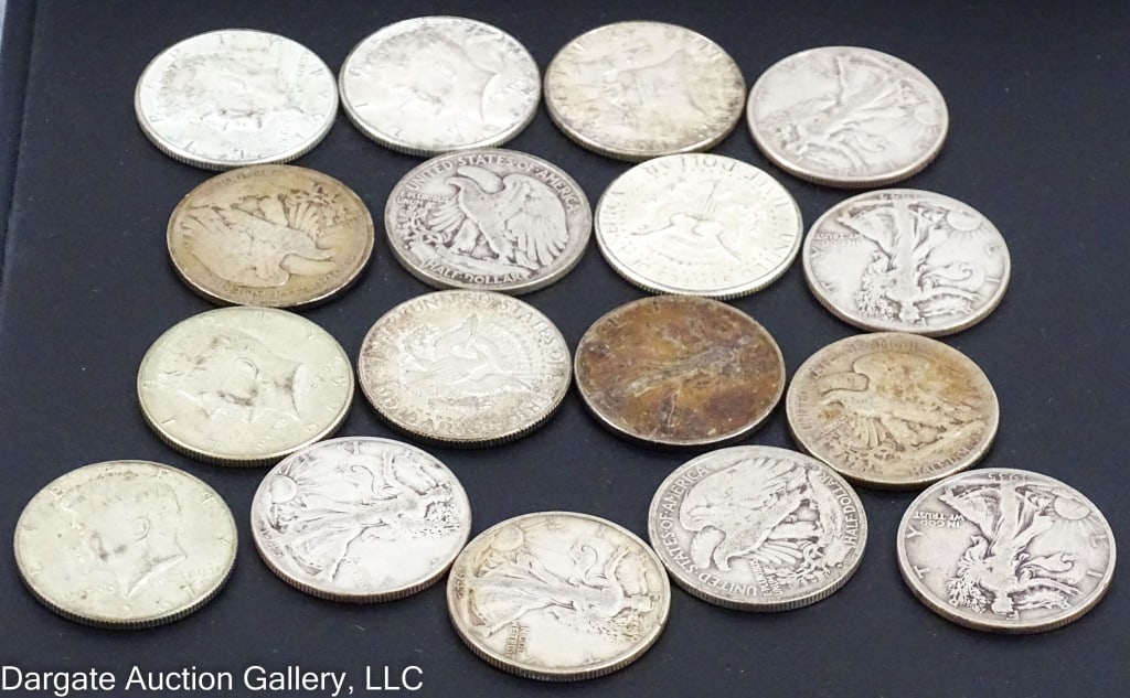 17 US SILVER HALF DOLLAR COINS: Includes (3) 40% Silver and (14) 90% Silver / Weight/Measure: 207g/ ONLINE PAY MSG ****SEE TERMS AND CONDITIONS FOR SPECIAL PAYMENT REQUIREMENTS****