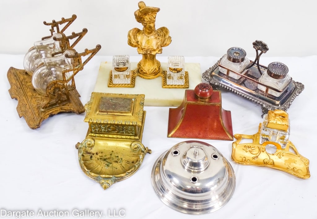 7 ANTIQUE INKWELLS, DORE BRONZE, CLIPPER SNAIL: Antique inkwells: Dore bronze Art Nouveau with fish cover; 1878 clipper snail glass inkwell; Dore bronze Victorian lady on marble; cloisonne, silverplate and brass; Kirk Steff Williamsburg pewter. Art