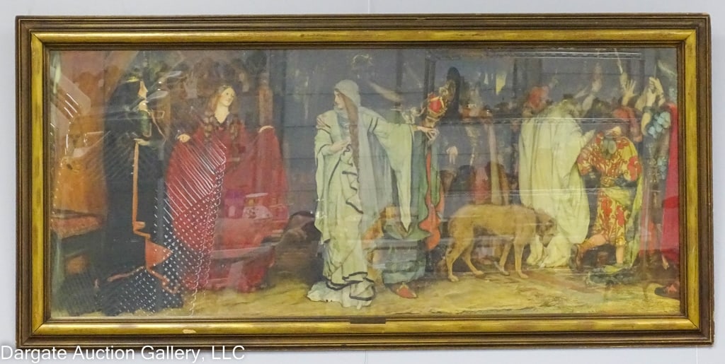 CORDELIA'S FAIRWELL LITHO AFTER EDWIN AUSTIN ABBEY: King Lear Act 1 Scene 1 "Cordelia's Farewell" lithograph after Edwin Austin Abbey (American/PA/NY, 1852-1911) Attached plaque engraved: Presented by Senior Class 1924 Carnegie Mellon Pitts" Partial la