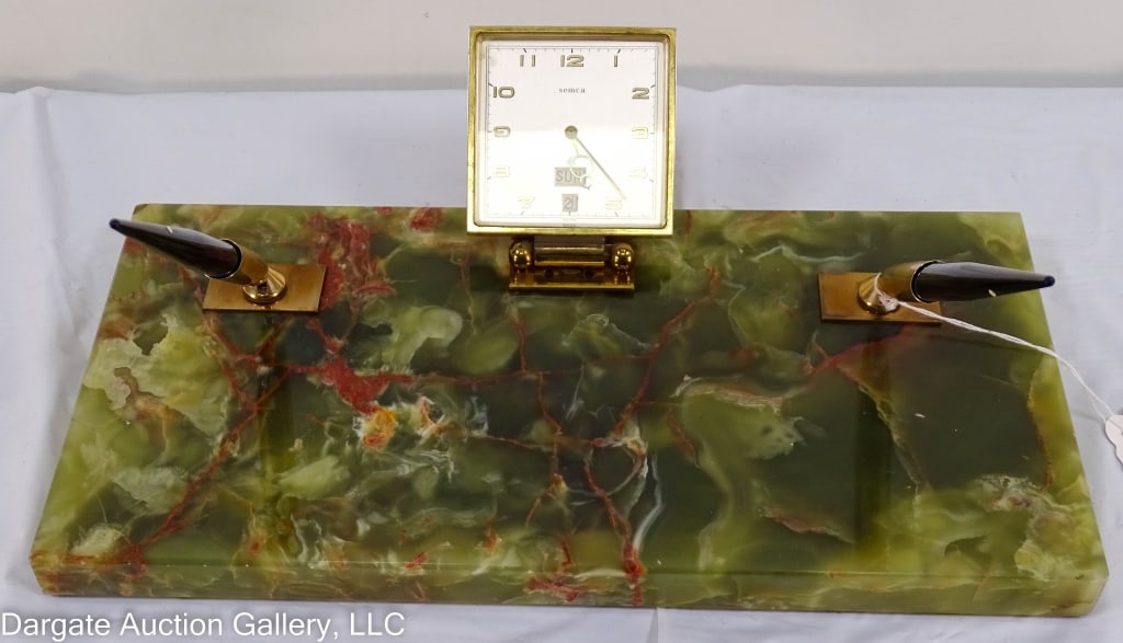 MARBLE SHEAFFER PEN SET 14K GOLD SWISS SEMCA CLOCK: Large green variegated marble desktop Sheaffer pen set with Swiss Semca clock. One pen nib marked 14K gold. 1" thick, 6.5"W x 13" long. Clock 3" x 3". Pen 6.75" long. / Provenance: From the descendant