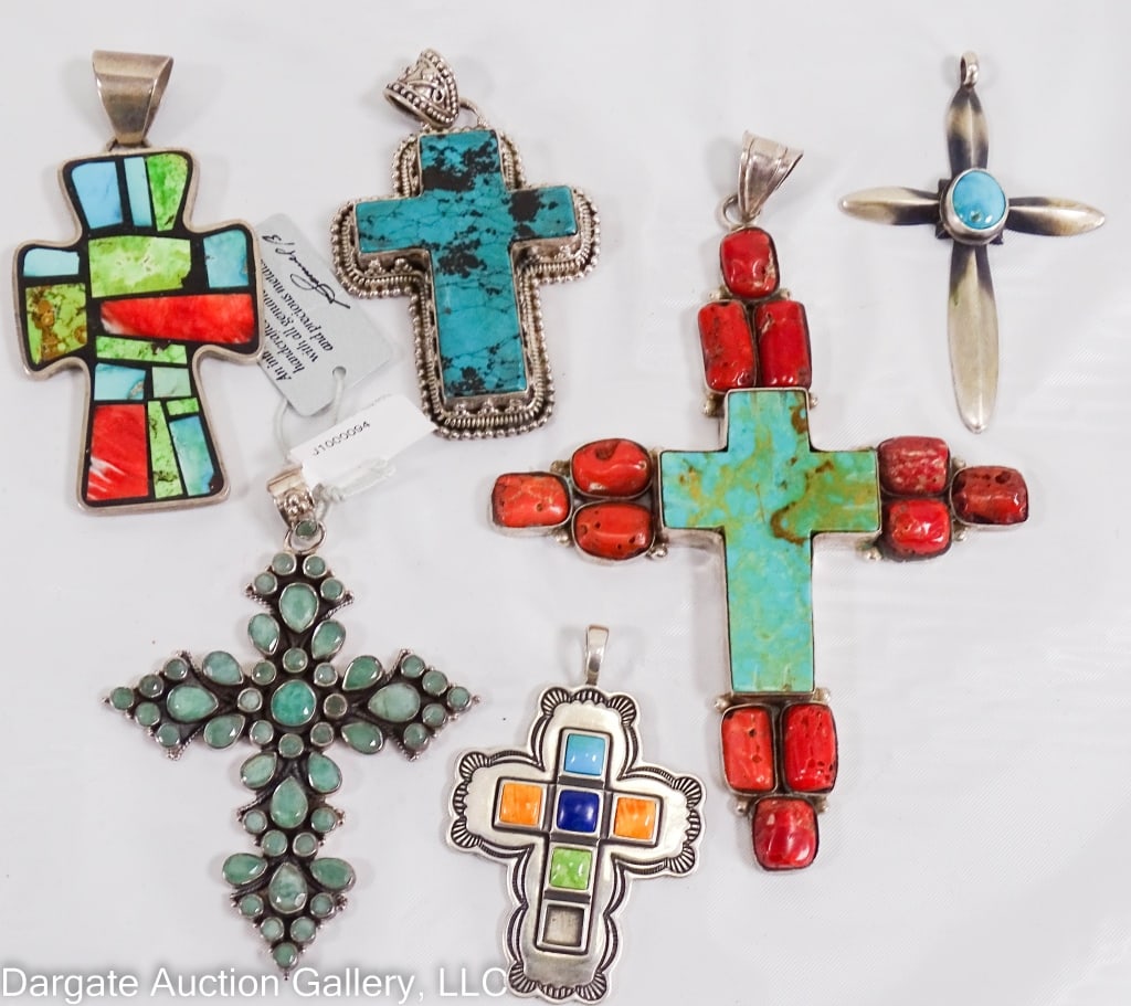 6 STERLING SILVER CROSS PENDANTS WITH GEMSTONES.: Includes: Sterling Silver set with rough cut turquoise & red jasper stones, 4.25? [925] / Sterling inlaid with multiple types of stone, possible Native American, 2.25? [Sterling & symbol] / Native Ame