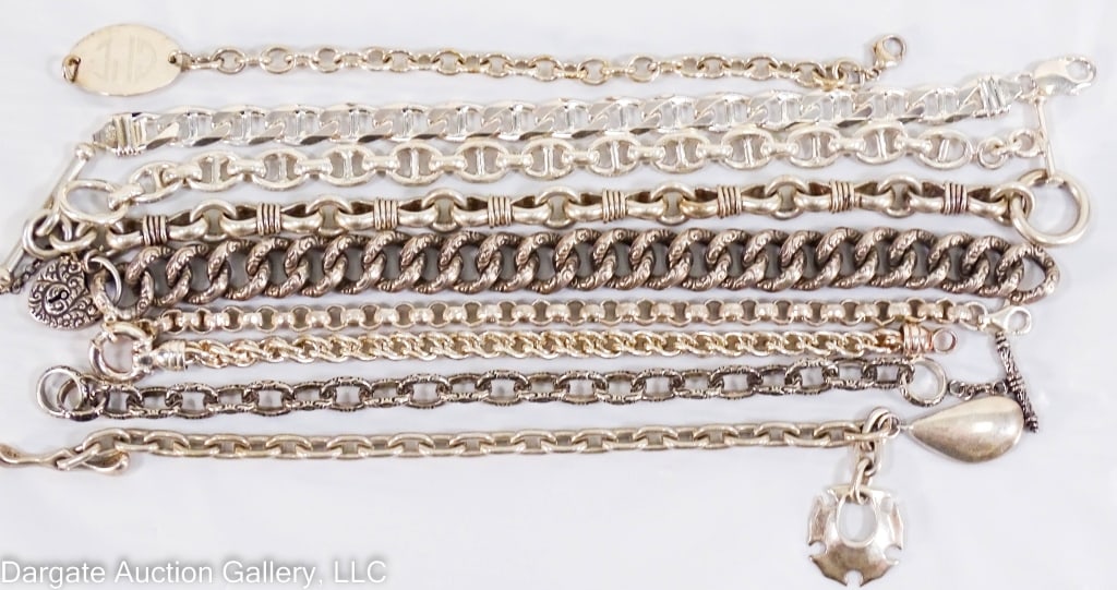 9 STERLING SILVER CHAIN LINK BRACELETS: All clasps are marked 925 or Sterling / Weight: 297.04g / Measurements: 7" - 9.5"L / Provenance: From the descendants of Lollie Oliver, Pittsburgh, PA/ ONLINE PAY MSG ****SEE TERMS AND CONDITIONS FOR 