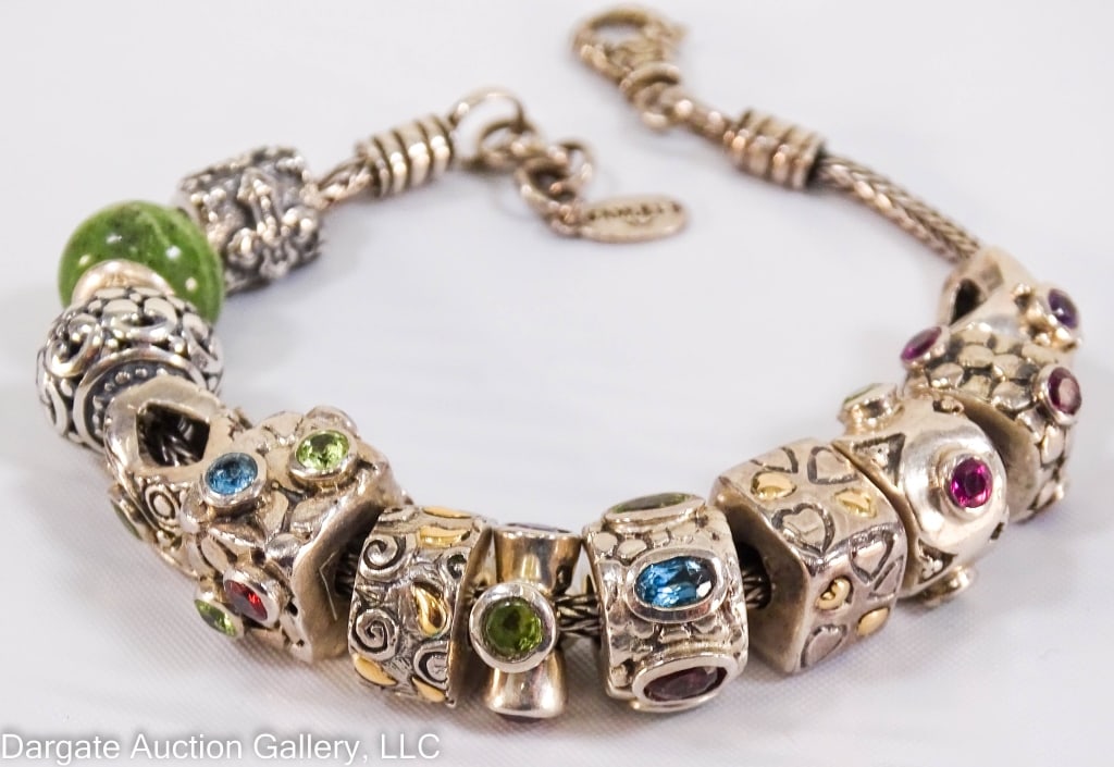 STERLING & 18K SAMUEL BENHAM GEMSTONE BRACELET: 12 Sterling beads with 18k yellow gold highlights, set with multiple gemstones, including topaz, garnet and tourmaline; lobster claw clasp, with tag marked 925 BJC 18K / Weight: 40.93g / Measurements: