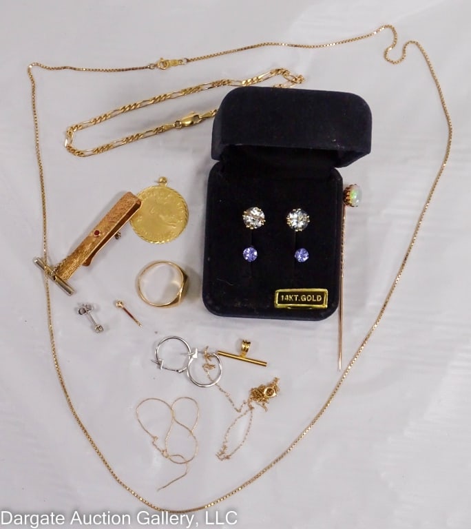 ASST LOT 14K JEWELRY: 14K yellow gold stud earrings with 7mm aquamarine (apprx 1.6ct each) by Dominique Dinouart; post marked 14K DDD, back marked 14k / 10k Yellow Gold earrings with Blue Topaz stones and 14k White Gold Ho