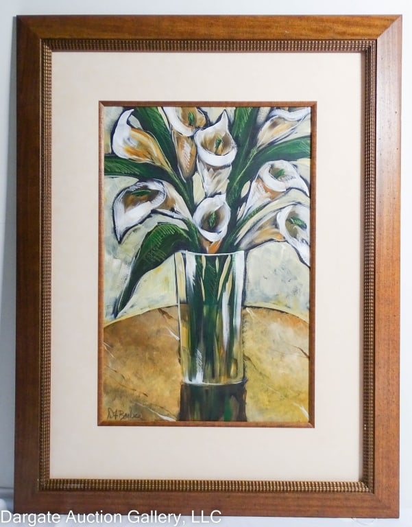 DF BARBER OIL ON PAPER LILY STILL LIFE: DF Barber oil on black paper still life vase of lillies, signed [D.F. BARBER], set under glass in wood frame / Visible Art Size: 23"H x 15"W / Frame Size: 37"H x 28"W / Provenance: From the descendant