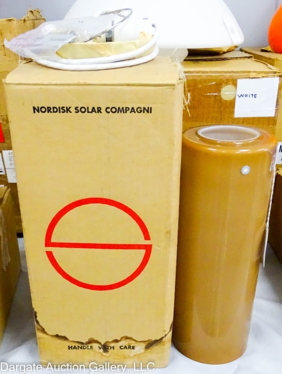 DANISH MCM TUBULAR PENDANT LIGHT - DANISH AMBER: Danish Mid-Century Modern Pendant Light / Designer unknown for Nordisk Solar / 100w, medium base A Lamp / 6' white cord and canopy / Model # 74108 / Measures: 12.5"H x 4.75"W / Condition: New old stoc