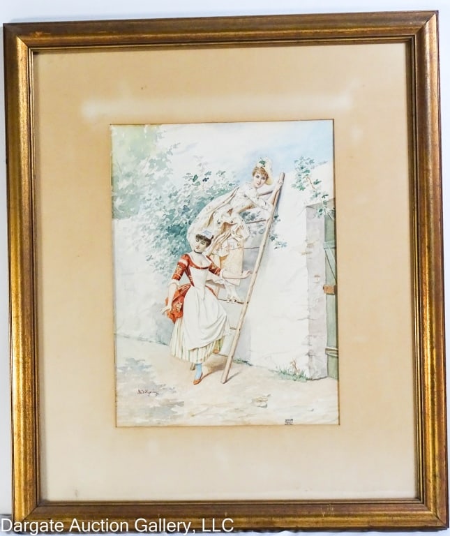 MARIE DE GARAY WATERCOLOR WOMEN CLIMBING A LADDER: Marie DeGaray (France, 1861-1953) Watercolor on paper, circa 1900, Two women climbing a ladder against a wall; Signed lower left; set under glass in gilt wood frame / Visible Art Size: 15"H x 11"W / F