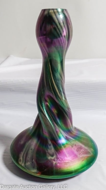 LOETZ ART GLASS TWISTED VASE W/ IRIDESCENT COLORS: Early 1900s art glass Loetz iridescent rainbow colors with white ground polished top. / Measures: 6.5"H x 4" diameter on base. / Condition: Excellent condition.