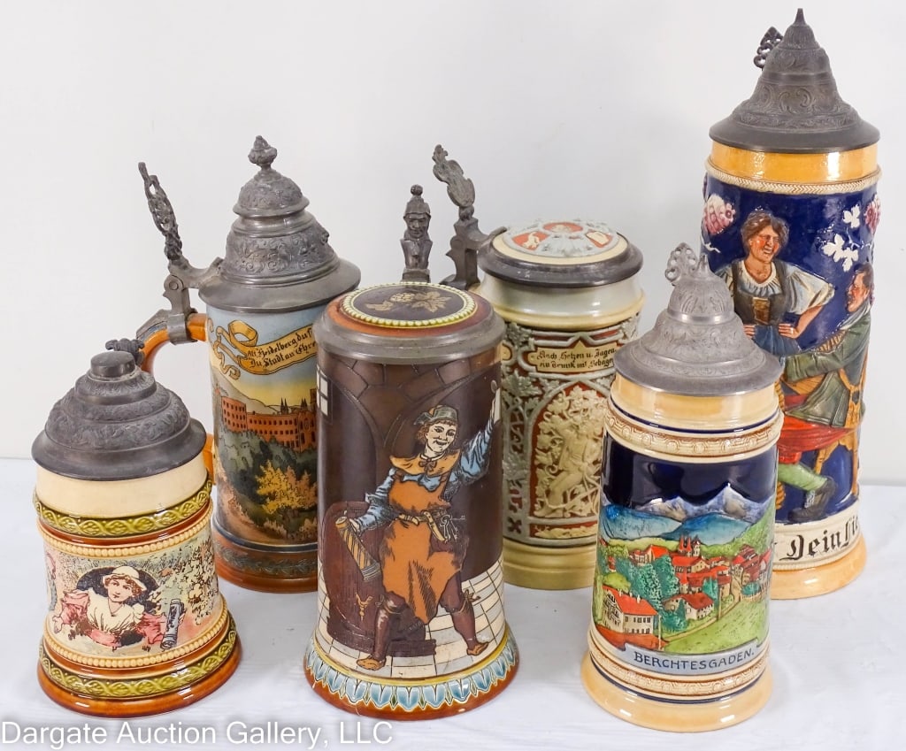 6 GERMAN BEER STEINS W/PEWTER LIDS: Six German beer steins, all with pewter lids, various German marks, including Villeroy & Bock, and Mettlach. Four in good condition, Mettlach #2776 has been reglued at base, V & B missing knob. Larges