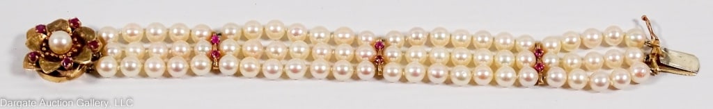 14k GOLD PEARL & PINK SAPPHIRE BRACELET: 3 strands of pearls with a 14k gold flower set with small pink sapphires and a central pearl / Measurements: 9.5"L, flower 1"W, 6mm pearl/ ONLINE PAY MSG ****SEE TERMS AND CONDITIONS FOR SPECIAL PAYME