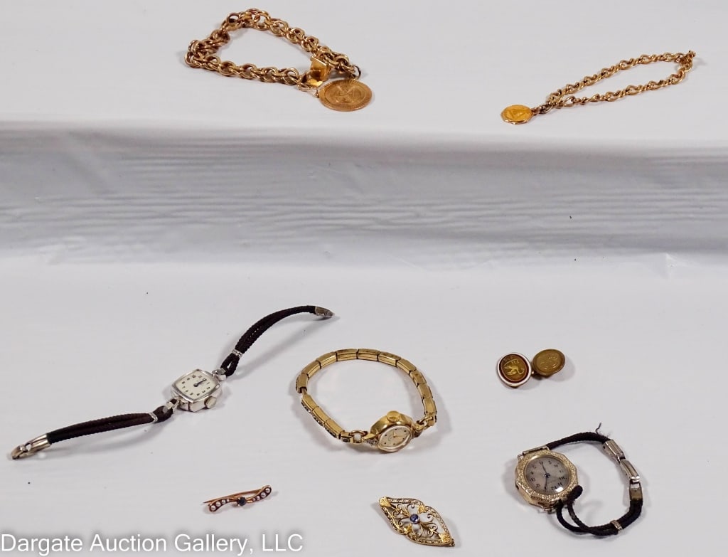 ASSORTED 14K JEWELRY: Includes watches, bracelet, and mismatched. Some have enamel / Total weight 89.4g (without watches 48.4g) / Weight: 48.4g/ ONLINE PAY MSG ****SEE TERMS AND CONDITIONS FOR SPECIAL PAYMENT REQUIREMENTS*