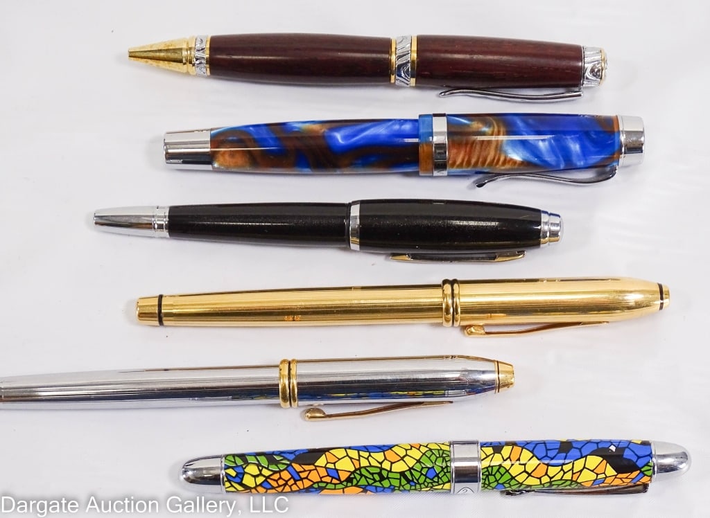 6 ASST FOUNTAIN & BALLPOINT PENS: Includes: (1) Levenger - blue marble design, fountain pen / (3) Cross fountain pens - silvertone, goldtone (18k nib) and black / (1) 1999 Antoni Gaudi Mosaic ballpoint pen / (1) Parker ballpoint pen, 