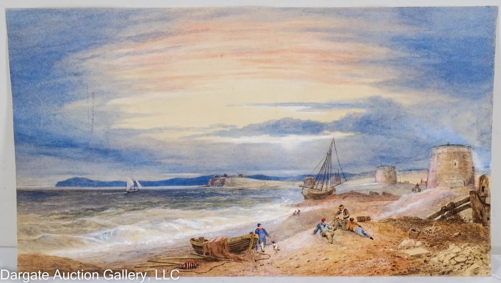 19th C ENGLISH SOUTH COAST SHORE SCENE WATERCOLOR: C1800's watercolor on paper depicting England's South Coast shore. Shore has boats, outposts and figures. Not signed, or framed / Visible Art Size: 11"H x 19.25"W / Condition: Light surface scratch an