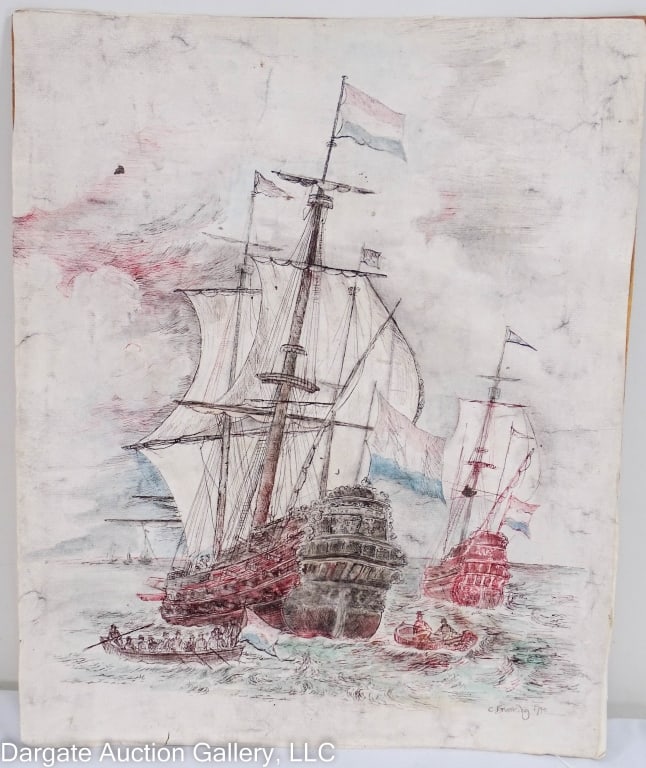 PEN & INK SHIP STUDY ATTRIB CHARLES BROOKING: 1740 Century pen & ink study on paper, highlighted with watercolors, attributed to Charles Brooking (UK, 1723-1759) when he was about 17. Study depicts a few ships with sails and row boats. Later sign