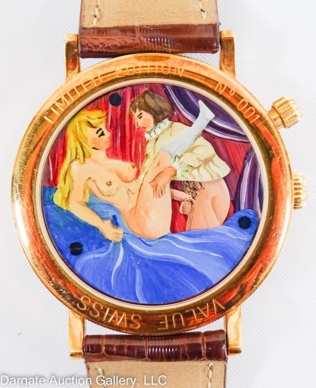 VALUE SWISS LE d'AMOUR EROTIC AUTOMATION WATCH: Chirca 2000 / Limited Edition No 1 / White mother of pearl dial, seconds subdial, 36mm / brown leather band/ ONLINE PAY MSG ****SEE TERMS AND CONDITIONS FOR SPECIAL PAYMENT REQUIREMENTS****
