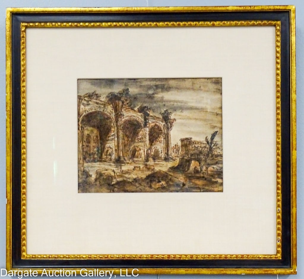 18th C INK & WATERCOLOR OF ITALIAN RUINS: c 18th Century ink sketch of Italian Ruins colored with watercolor paint / not signed / set under glass in painted frame / Visible Art Size: 6"H x 7.75"W / Frame Size: 14.5"H x 15.5"W
