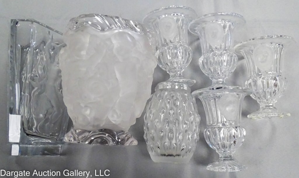 LALIQUE STYLE VASES MORNING, NOON, EVENING, CHERUB: This lot consists of a signed Lalique figuera vase. Four frosted lion head urn vases signed Bombay Germany. A large cherub signed Bombay, Germany vase, and an unsigned Lalique style morning, noon even