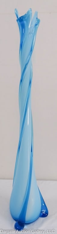 MCM MURANO CASED ART GLASS SWUNG VASE BLUE ROPES: 28' Tall Murano art glass MCM mid-century modern swung vase. This has a cased glass body with white glass sandwiched between the blue glass with darker blue glass ropes twisted around the body. / Meas