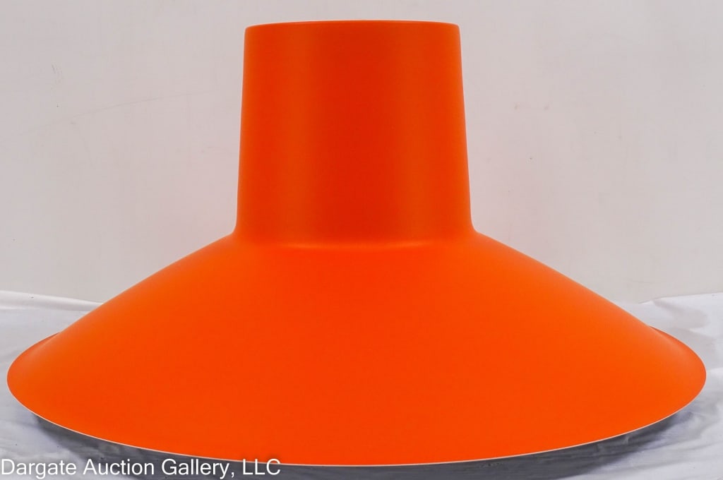 NORDISK SOLAR AUDITORIE 3 PENDANT LIGHT No 74603: Mid Century Modern / MCM / c1970's Pendant Light designed by Sven Middelboe for Nordisk Solar / Model Auditorie 3 No 74603 / Orange with metal base / 200w medium base A lamp / 6' white cord with white