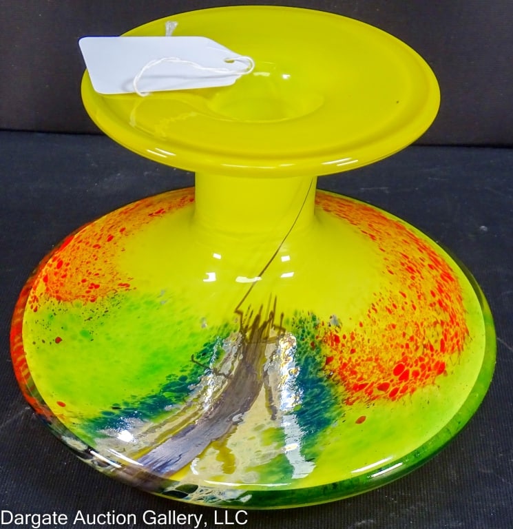 CZECH ART GLASS FLAT BOTTLE JIRI BERANEK: A flat art glass bottle made by czech glass artist Jiri Beranek(b. 1954). Cased red/green/gray/brown on a yellow base. Signed on the ground bottom. / Measures: 5.25" x 4.5" x 7.5" / Provenance: From t