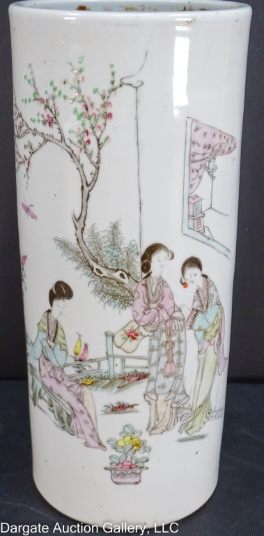 CHINESE FAMILLE ROSE HAT STAND VASE: Chinese Famille Rose hat stand vase featuring three women in a garden with a cherry tree and butterfly / Measures: 11" x 4.75" / Provenance: From the descendants of Lollie Oliver, Pittsburgh, PA / Con