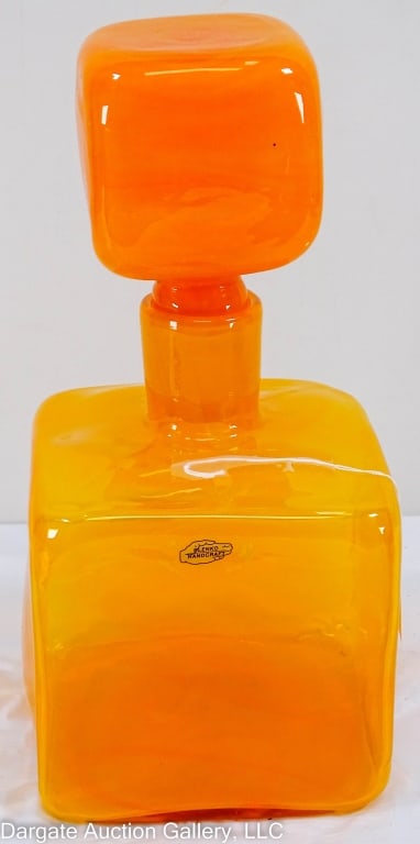 BLENKO LARGE BLOCK DECANTER 2019 ART GLASS: Large block decanter signed "Blenko" handcraft with the hand label and also etched on the botton Blenko 2019 Tangerine Art Glass Decanter: 8" H, Stopper: 6.5" H, Overall: 13" H / Provenance: [Blenko 2