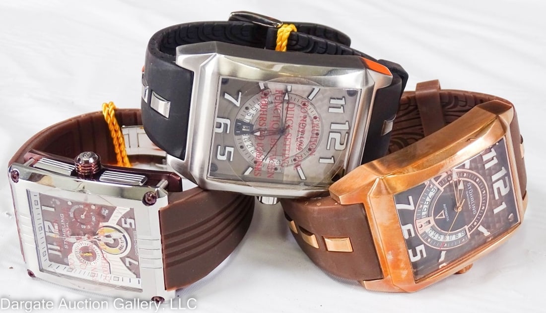 3 STUHRLING MADMAN WATCHES WITH BOXES: Includes: The Madman Big / Rosetone / Stainless Steel / 22j Automatic (runs) Caliber ST-90016 / 50m water resistant // The Madman Model No 269 Limited Edition 146/200 / 30mm / Stainless / Quartz Chron