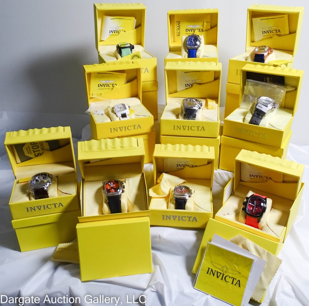 10 INVICTA LUPAH WATERS w/ ORIGINAL BOXES: Includes: 9 - 46.8mm / Stainless Steel / Quartz Chronograph / 100m Water Resistant (Model Nos: 6725, 6724, 6102, 6100, 6094, 3375, 24034, 9815 & 6728) // 1 - 38mm / Corian & Stainless Steel case / Qua