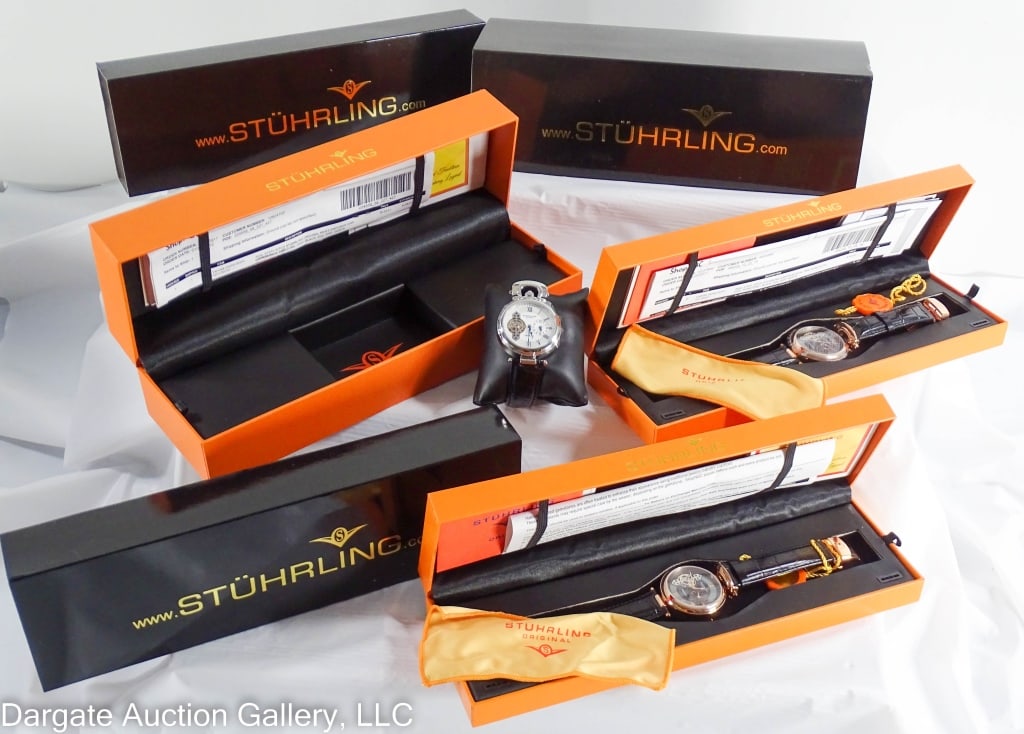 3 STUHRLING EMPEROR DUAL TIME ZONE AUTOMATIC WATCH: Includes: Emperor Dual Time Zone Skeleton / Black/Black / 41mm / Stainless Steel / 20j Automatic (runs) Caliber ST-90311 / 50m water resistant // Emperor Dual Time Zone 2009 Edition / White/Chrome / 4