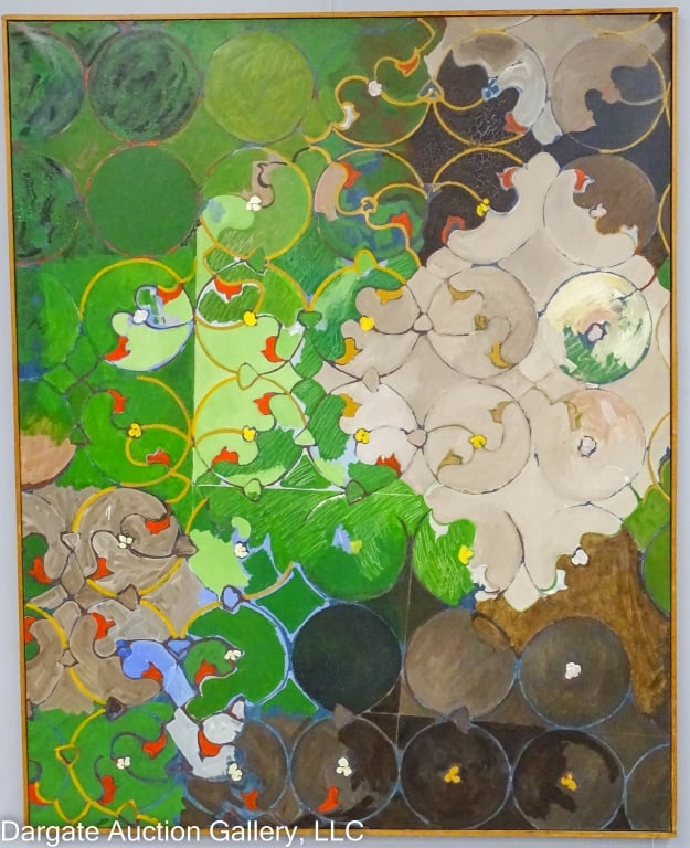 PIERRE NIVOLLET ARABESQUE OIL ON CANVAS ABSTRACT: Pierre Nivollet (French, b. 1946) "Arabesque" Oil on canvas abstract / Was expo'd at Carnegie Mellon University / Information tag en verso / unsigned / set in wood frame / Visible Art Size: 63.5"H x 5