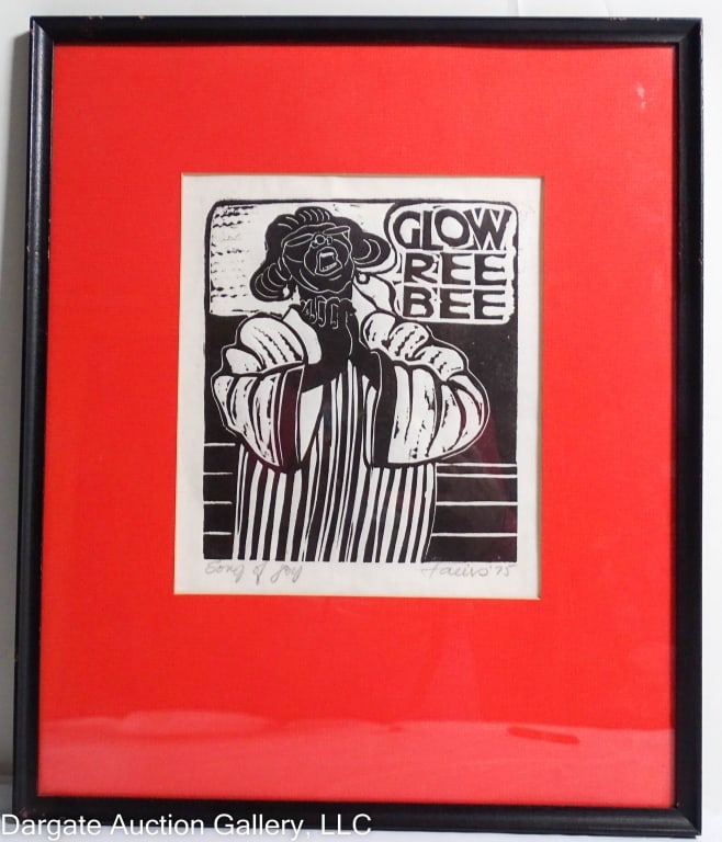 TED FAIERS SONG OF JOY WOODCUT PRINT: Edward "Ted" Faiers (Candanian/American, 1908-1985) 1975 "Songs of Joy" woodcut print depicting a church singer below the words "GLOW REE BEE"; Titled and signed lower right [FAIERS 75] / set in black