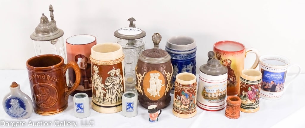 16 BEER STEINS, GERMANY POTTERY GLASS PEWTER: Beer steins, antique and vintage pottery and glass. Four with pewter lids, various makers, Germany & American. Range in size from 3.5" diam and 8.5"H to 2.25" diam and 3.75" high. Also 4 minis that ar