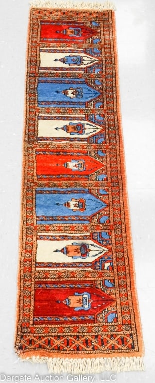 PERSIAN MIDDLE EASTERN PRAYER RUG RUNNER: Persian/Middle Eastern Prayer Rug/Runner. Main colors of Blue/Cream/Burgundy/Brown / Measures: 13"W x 49"L / Provenance: From the descendants of Lollie Oliver, Pittsburgh, PA / Condition: Fading, some