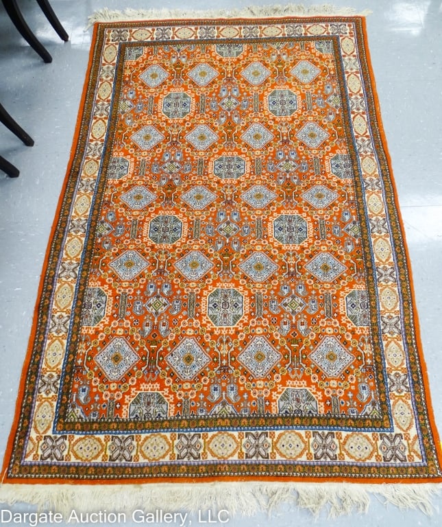 FINELY WOVEN TURKOMAN/TURKMEN RUG: Grey/cream/blue/rust. NOT signed. / Measures: 48"W x 75"L / Provenance: From the descendants of Lollie Oliver, Pittsburgh, PA / Condition: Wear and soiling to fringe
