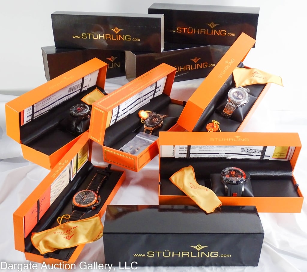 5 STUHRLING WATCHES incl DIVERS: Includes: Tournee Diver Model No 517B / Black/Black Carbon Fiber Bezel / 50mm / Stainless Steel / Quartz / 100m water resistant // Enterprise EX2 Pro Diver Model No 1528 / Orange/Black /Quartz / 100m 