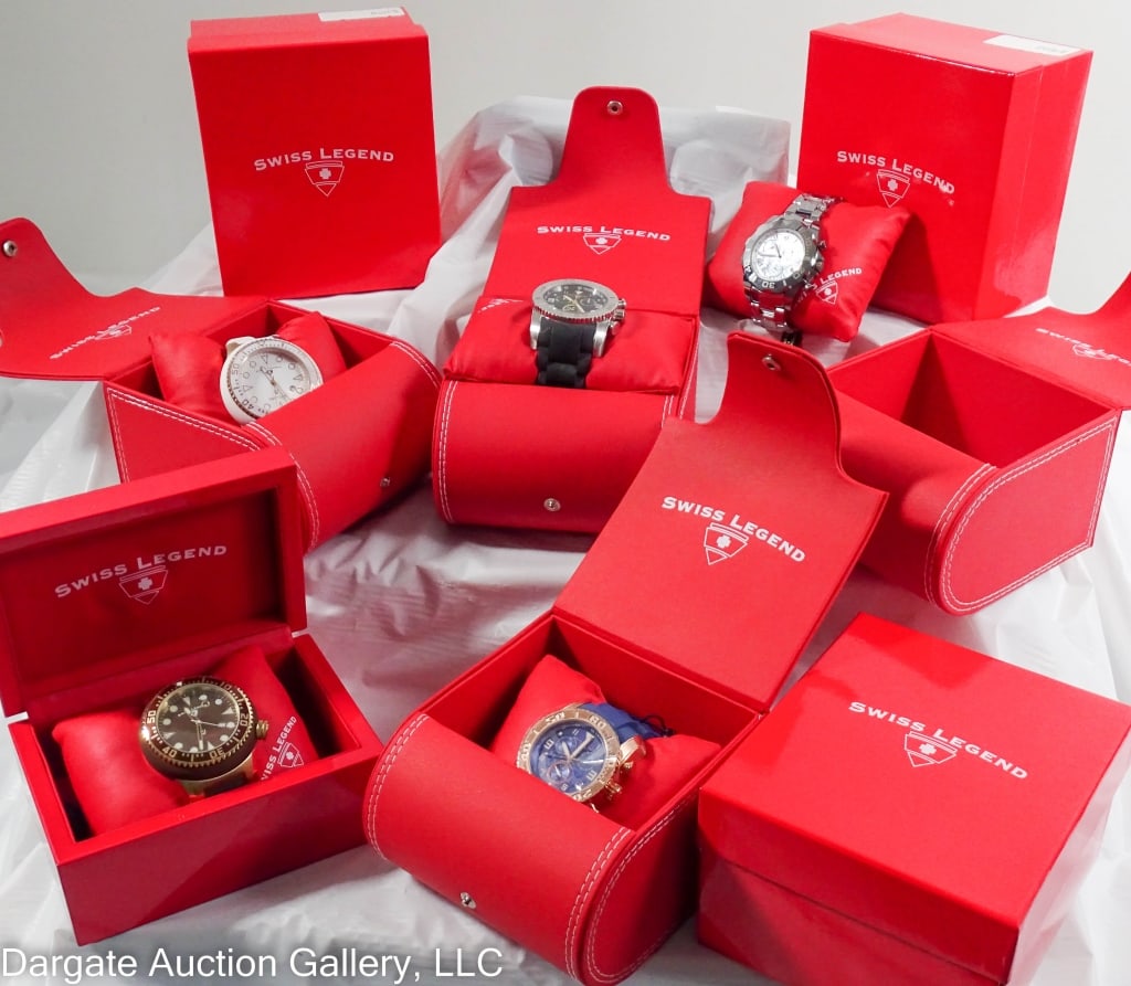 5 SWISS LEGEND WATCHES WITH BOXES: Includes: Neptune, 52mm, Stainless Steel Case, Swiss Quartz Movement, 100m water resistance, brown & goldtone dial, brown rubber band // Neptune, 52mm, 316L Stainless Steel Case, Swiss Quartz Movement