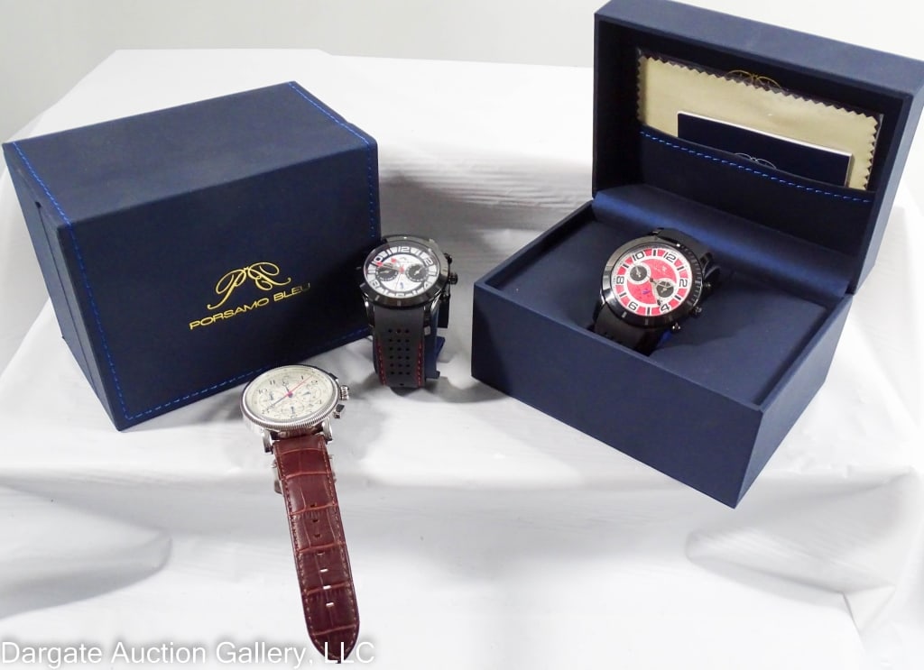 3 PORSAMO BLEU CHRONO WATCHES PHILEAS & ETIENNE: Includes: Phileas Model No 471APHL (471A149), 48mm, Stainless Steel, Japanese Miyota 6520 Quartz Chronograph , Sapphire Coated Mineral Crystal, Cream dial with red and blue hands and brown leather ban